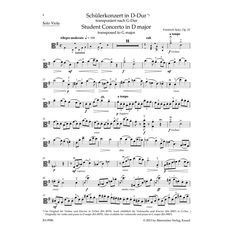 Friedrich Seitz: Concerto D-Dur op. 22, arr. for Viola and Piano